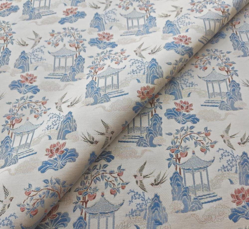 Chinese Chinoiserie Fabric by Yard, Pavilion Jacquard Brocade Satin for Dress Curtains Upholstery Crafts, 59"Wide