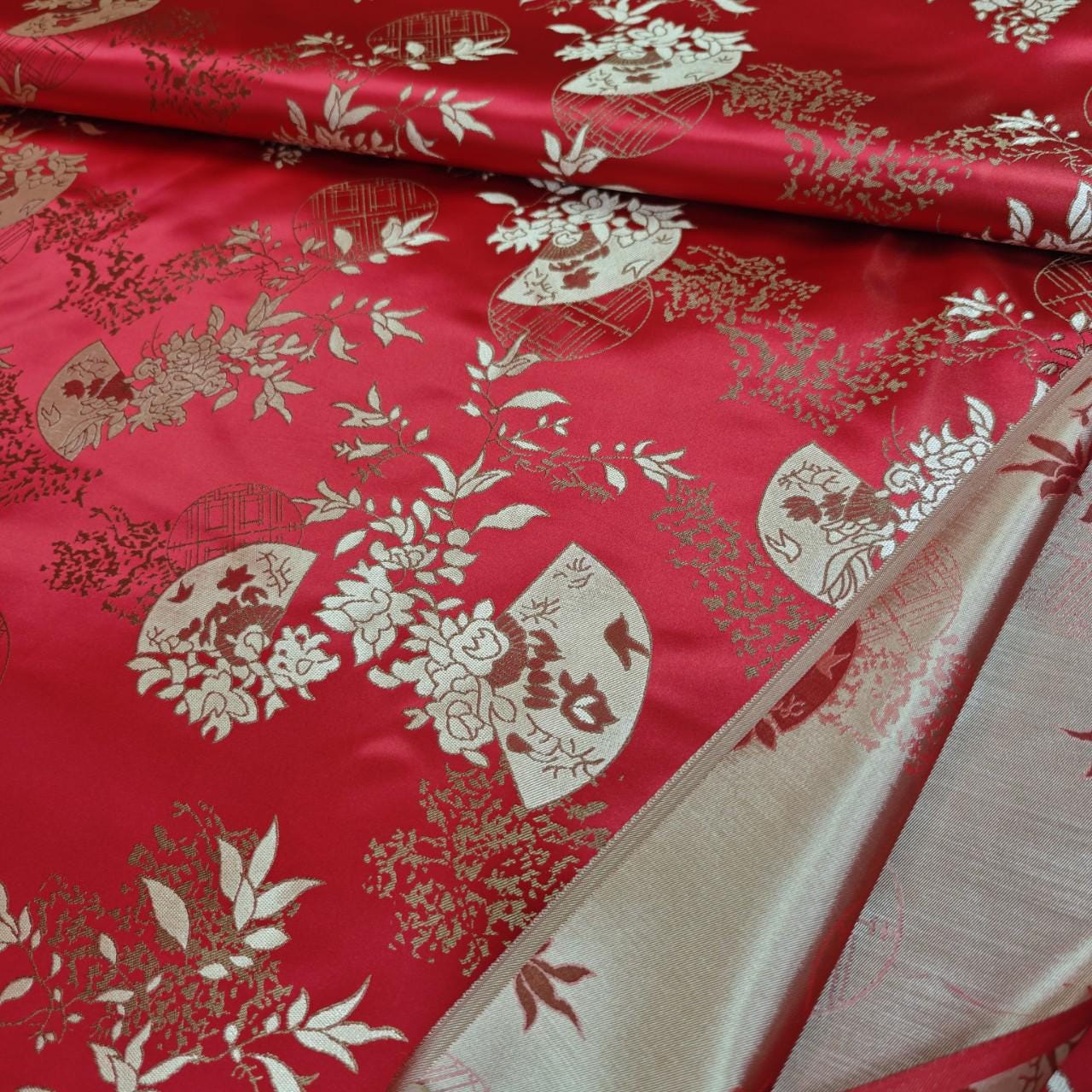 Chinese Brocade Satin Fabric by Yard, Window Pattern Jacquard Fabric, Soft Smooth Damask Textile for Dress Upholstery Decor, 3 Colors - Poppylollipop