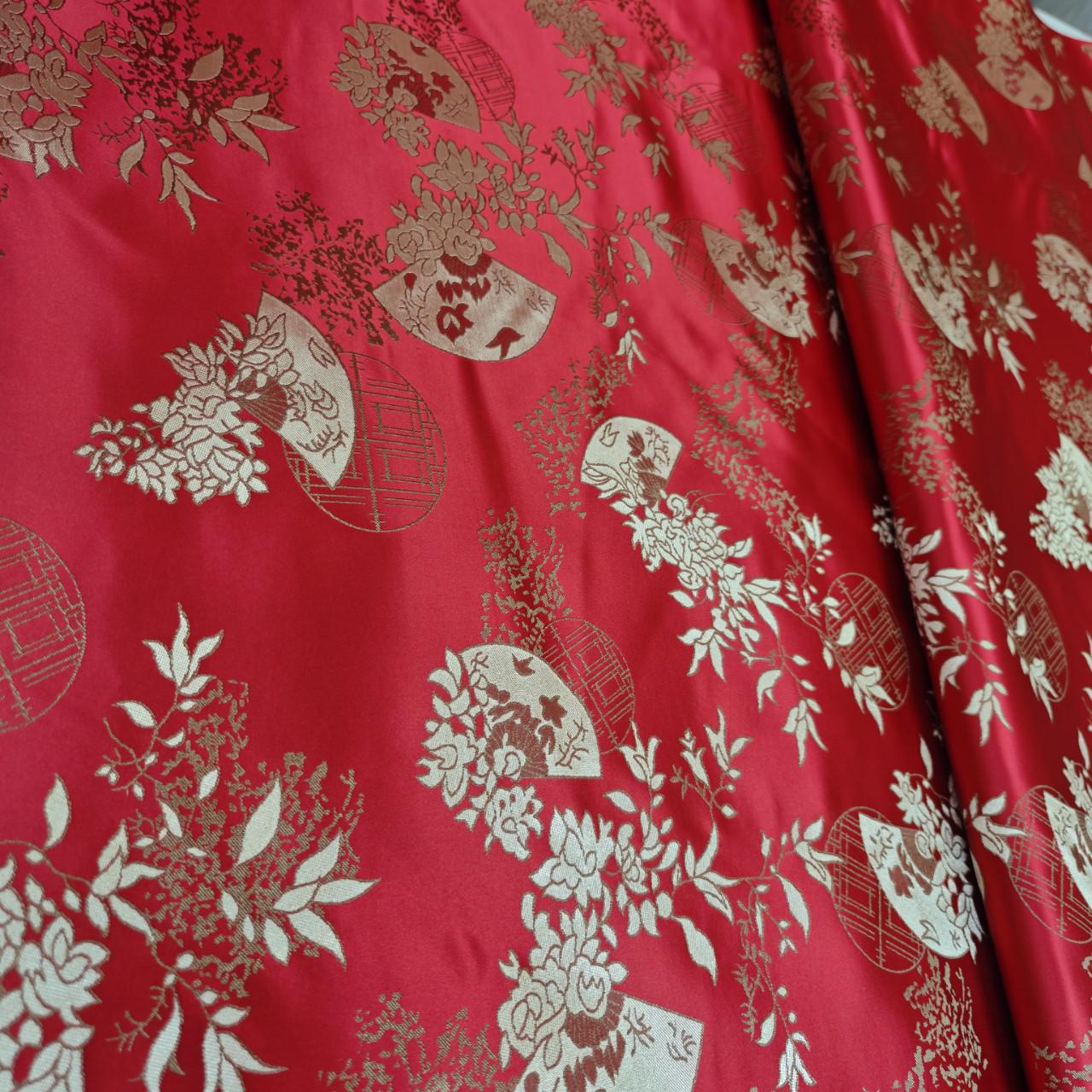 Chinese Brocade Satin Fabric by Yard, Window Pattern Jacquard Fabric, Soft Smooth Damask Textile for Dress Upholstery Decor, 3 Colors - Poppylollipop