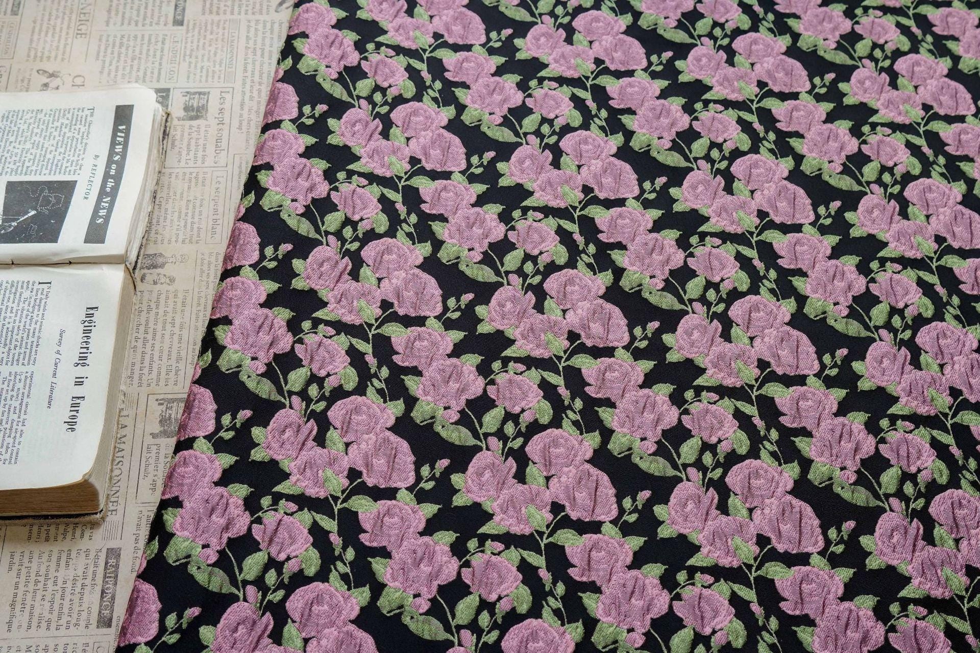 Pink Rose Brocade Jacquard Fabric by Yard, Vintage Floral Embossed Upholstery Textile, Romantic Victorian Fabric for Curtains Pillows Bags - Poppylollipop