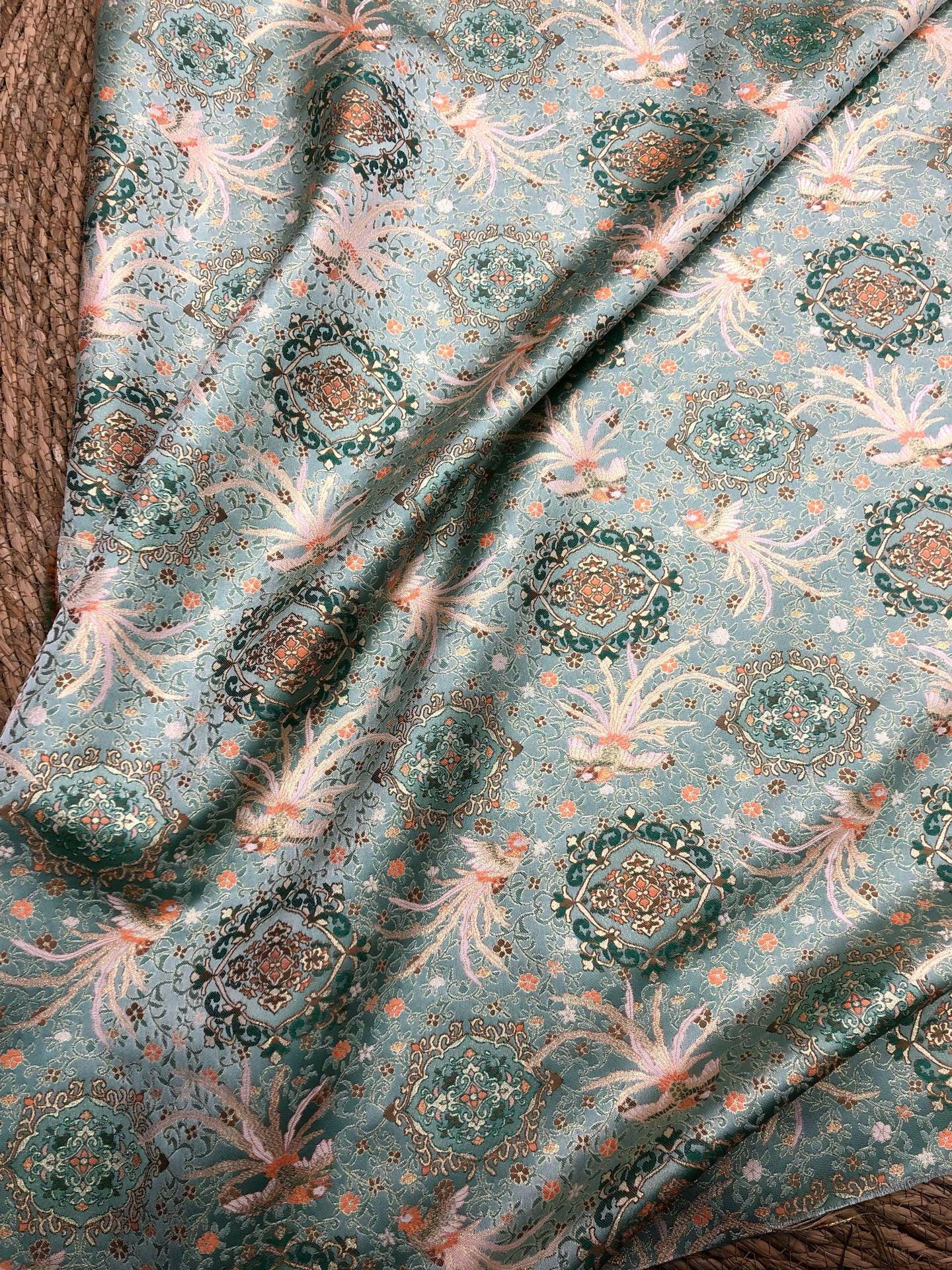 Mint Green Chinese Brocade Fabric by Yard, Phoenix Floral Jacquard Satin, Soft Oriental Fabric for Dress Curtains Pillows Crafts - Poppylollipop