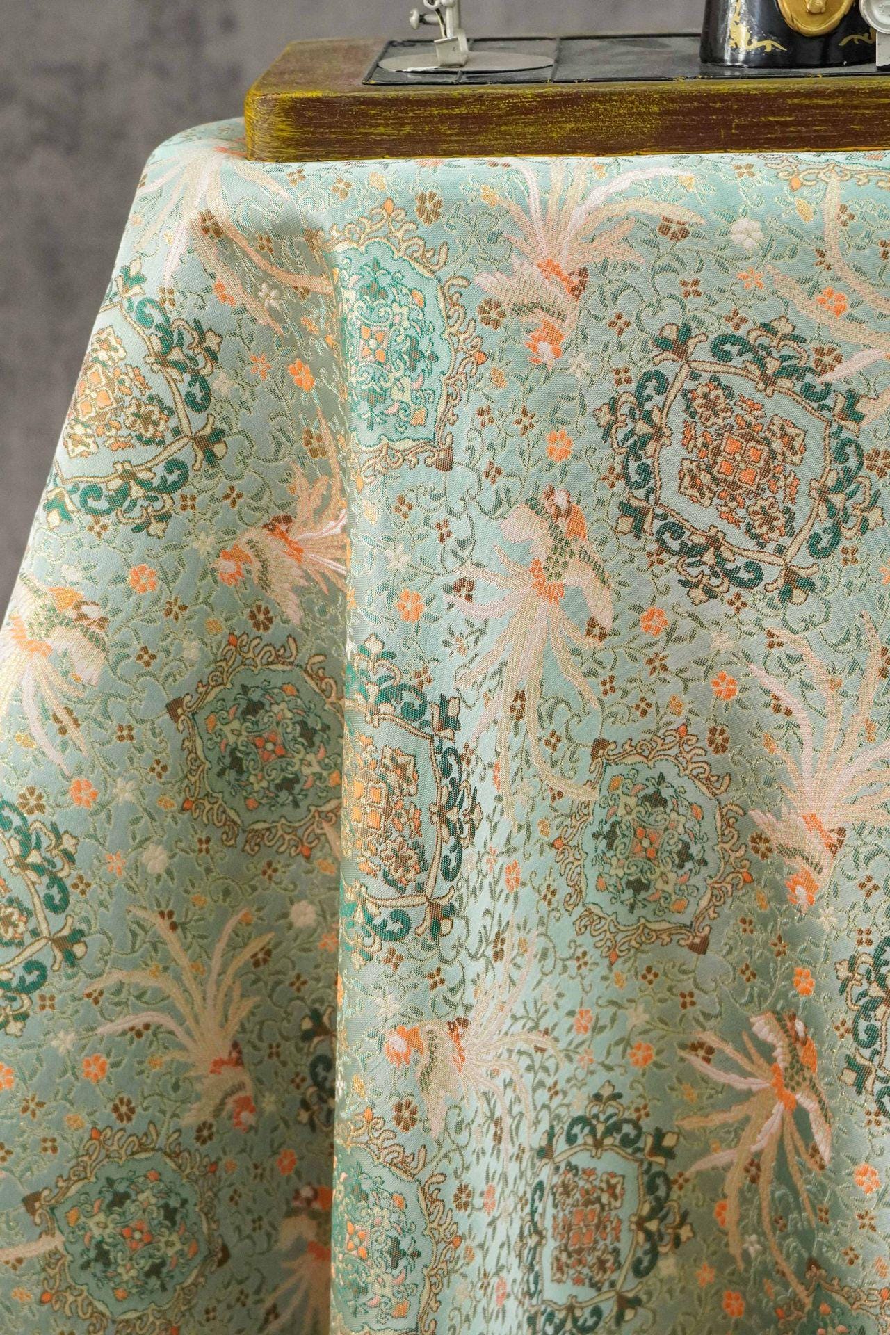Mint Green Chinese Brocade Fabric by Yard, Phoenix Floral Jacquard Satin, Soft Oriental Fabric for Dress Curtains Pillows Crafts - Poppylollipop