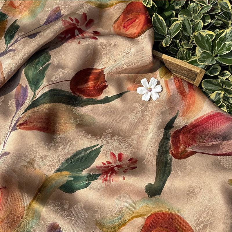 Tulip Glow Xiangyunsha Fabric by Yard, Soft Rayon Jacquard Textile, Chinese Elegant Draped Fabric for Dresses Hanfu Sewing, 59"Wide