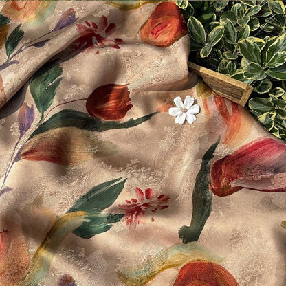 Tulip Glow Xiangyunsha Fabric by Yard, Soft Rayon Jacquard Textile, Chinese Elegant Draped Fabric for Dresses Hanfu Sewing, 59"Wide