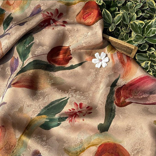 Tulip Glow Xiangyunsha Fabric by Yard, Soft Rayon Jacquard Textile, Chinese Elegant Draped Fabric for Dresses Hanfu Sewing, 59"Wide