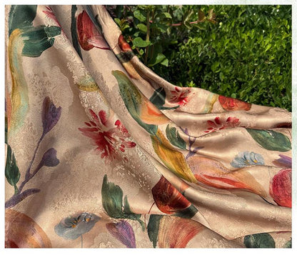 Tulip Glow Xiangyunsha Fabric by Yard, Soft Rayon Jacquard Textile, Chinese Elegant Draped Fabric for Dresses Hanfu Sewing, 59"Wide