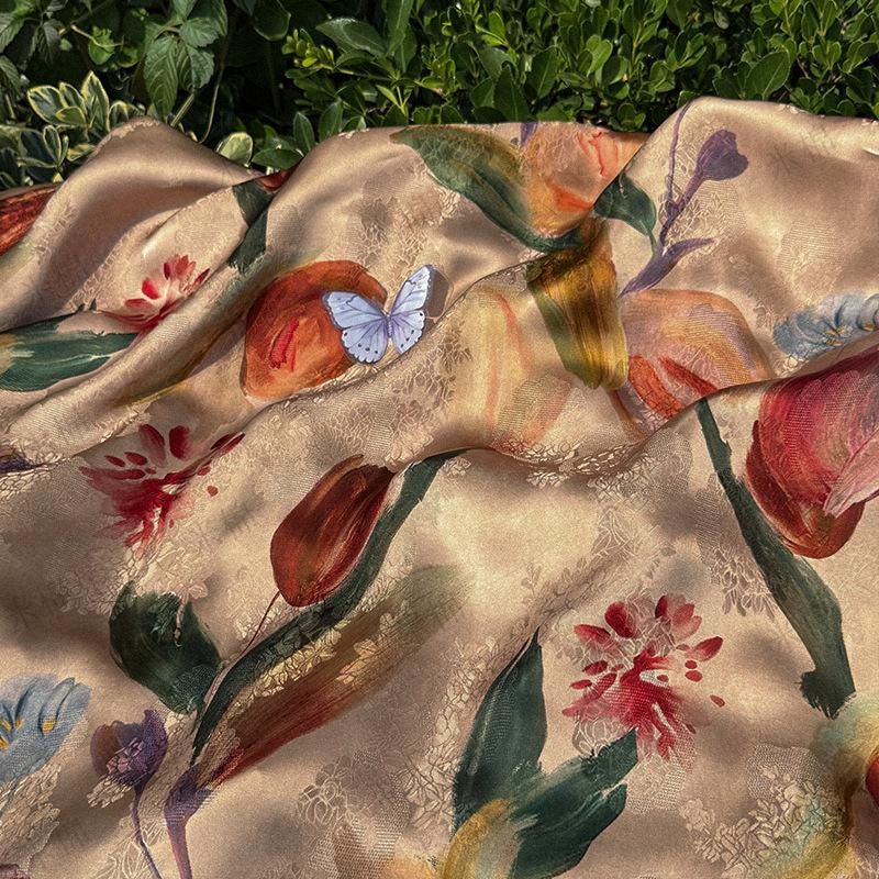 Tulip Glow Xiangyunsha Fabric by Yard, Soft Rayon Jacquard Textile, Chinese Elegant Draped Fabric for Dresses Hanfu Sewing, 59"Wide