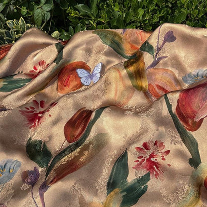 Tulip Glow Xiangyunsha Fabric by Yard, Soft Rayon Jacquard Textile, Chinese Elegant Draped Fabric for Dresses Hanfu Sewing, 59"Wide