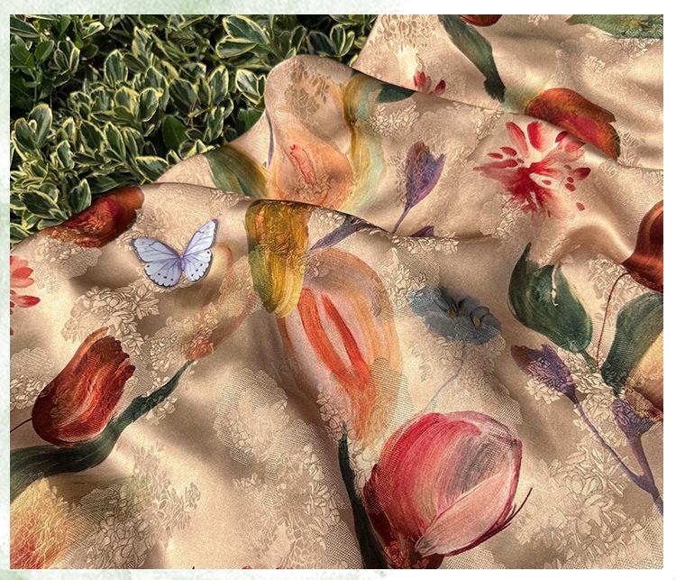Tulip Glow Xiangyunsha Fabric by Yard, Soft Rayon Jacquard Textile, Chinese Elegant Draped Fabric for Dresses Hanfu Sewing, 59"Wide