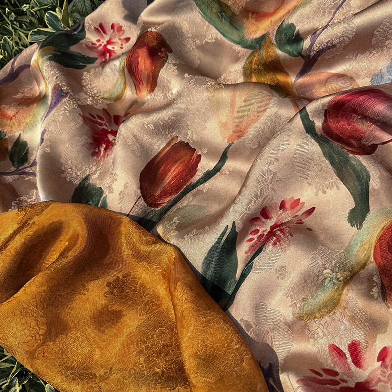 Tulip Glow Xiangyunsha Fabric by Yard, Soft Rayon Jacquard Textile, Chinese Elegant Draped Fabric for Dresses Hanfu Sewing, 59"Wide