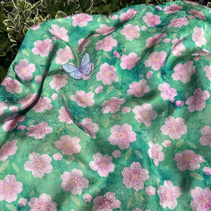 Cherry Blossom Xiangyunsha Fabric by Yard, Soft Rayon Jacquard Textile, Chinese Elegant Draped Fabric for Dresses Hanfu Sewing, 59"Wide