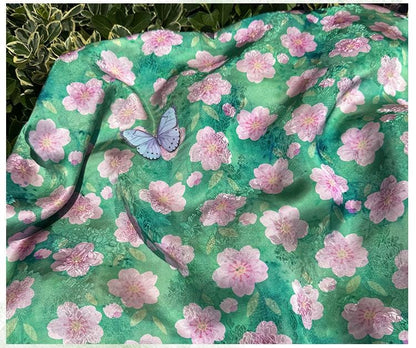 Cherry Blossom Xiangyunsha Fabric by Yard, Soft Rayon Jacquard Textile, Chinese Elegant Draped Fabric for Dresses Hanfu Sewing, 59"Wide