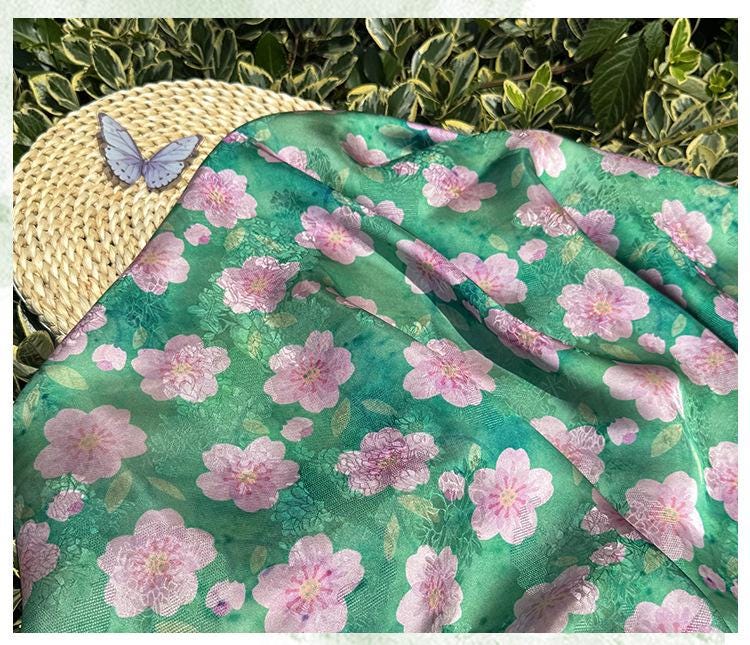 Cherry Blossom Xiangyunsha Fabric by Yard, Soft Rayon Jacquard Textile, Chinese Elegant Draped Fabric for Dresses Hanfu Sewing, 59"Wide