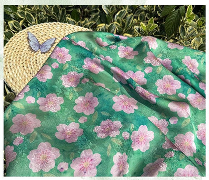 Cherry Blossom Xiangyunsha Fabric by Yard, Soft Rayon Jacquard Textile, Chinese Elegant Draped Fabric for Dresses Hanfu Sewing, 59"Wide