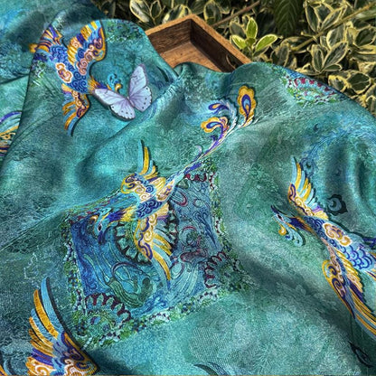 Teal Phoenix Xiangyunsha Fabric by Yard, Chinese Rayon Jacquard Silk Textile, Soft Draped Oriental Fabric for Hanfu Dress Sewing, 59"Wide