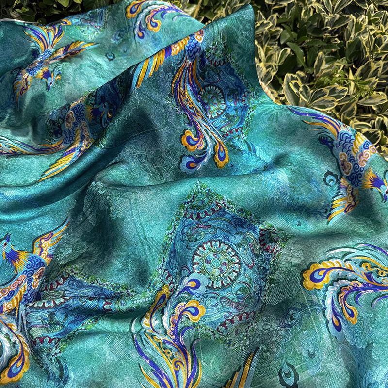 Teal Phoenix Xiangyunsha Fabric by Yard, Chinese Rayon Jacquard Silk Textile, Soft Draped Oriental Fabric for Hanfu Dress Sewing, 59"Wide