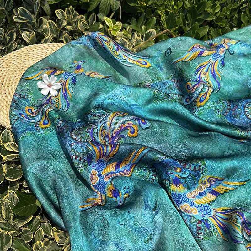 Teal Phoenix Xiangyunsha Fabric by Yard, Chinese Rayon Jacquard Silk Textile, Soft Draped Oriental Fabric for Hanfu Dress Sewing, 59"Wide