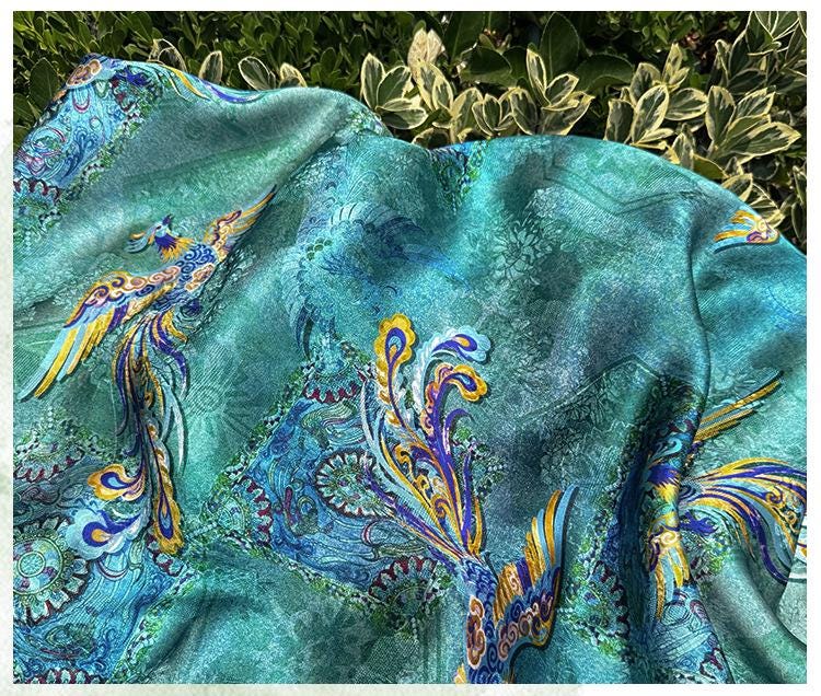 Teal Phoenix Xiangyunsha Fabric by Yard, Chinese Rayon Jacquard Silk Textile, Soft Draped Oriental Fabric for Hanfu Dress Sewing, 59"Wide