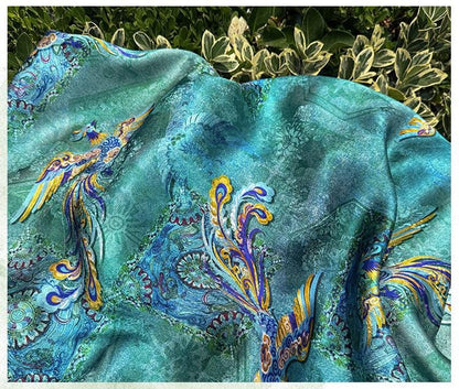 Teal Phoenix Xiangyunsha Fabric by Yard, Chinese Rayon Jacquard Silk Textile, Soft Draped Oriental Fabric for Hanfu Dress Sewing, 59"Wide