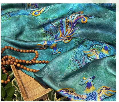 Teal Phoenix Xiangyunsha Fabric by Yard, Chinese Rayon Jacquard Silk Textile, Soft Draped Oriental Fabric for Hanfu Dress Sewing, 59"Wide