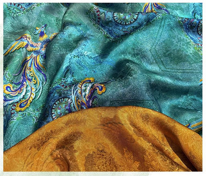 Teal Phoenix Xiangyunsha Fabric by Yard, Chinese Rayon Jacquard Silk Textile, Soft Draped Oriental Fabric for Hanfu Dress Sewing, 59"Wide