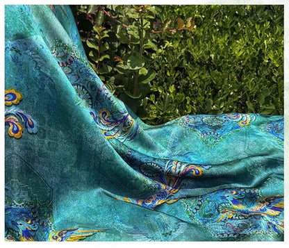 Teal Phoenix Xiangyunsha Fabric by Yard, Chinese Rayon Jacquard Silk Textile, Soft Draped Oriental Fabric for Hanfu Dress Sewing, 59"Wide