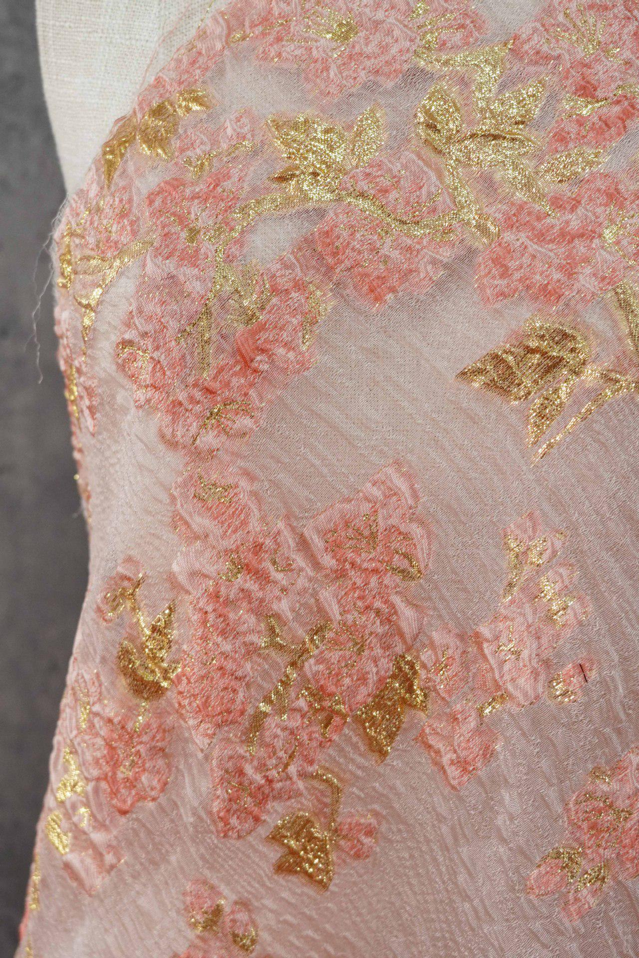 Embossed Floral Gold Jacquard Fabric by Yard, Semi Sheer Draped Brocade Textile, Luxury Designer Fabric for Dresses Decor, 55"Wide