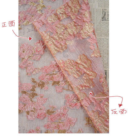 Embossed Floral Gold Jacquard Fabric by Yard, Semi Sheer Draped Brocade Textile, Luxury Designer Fabric for Dresses Decor, 55"Wide