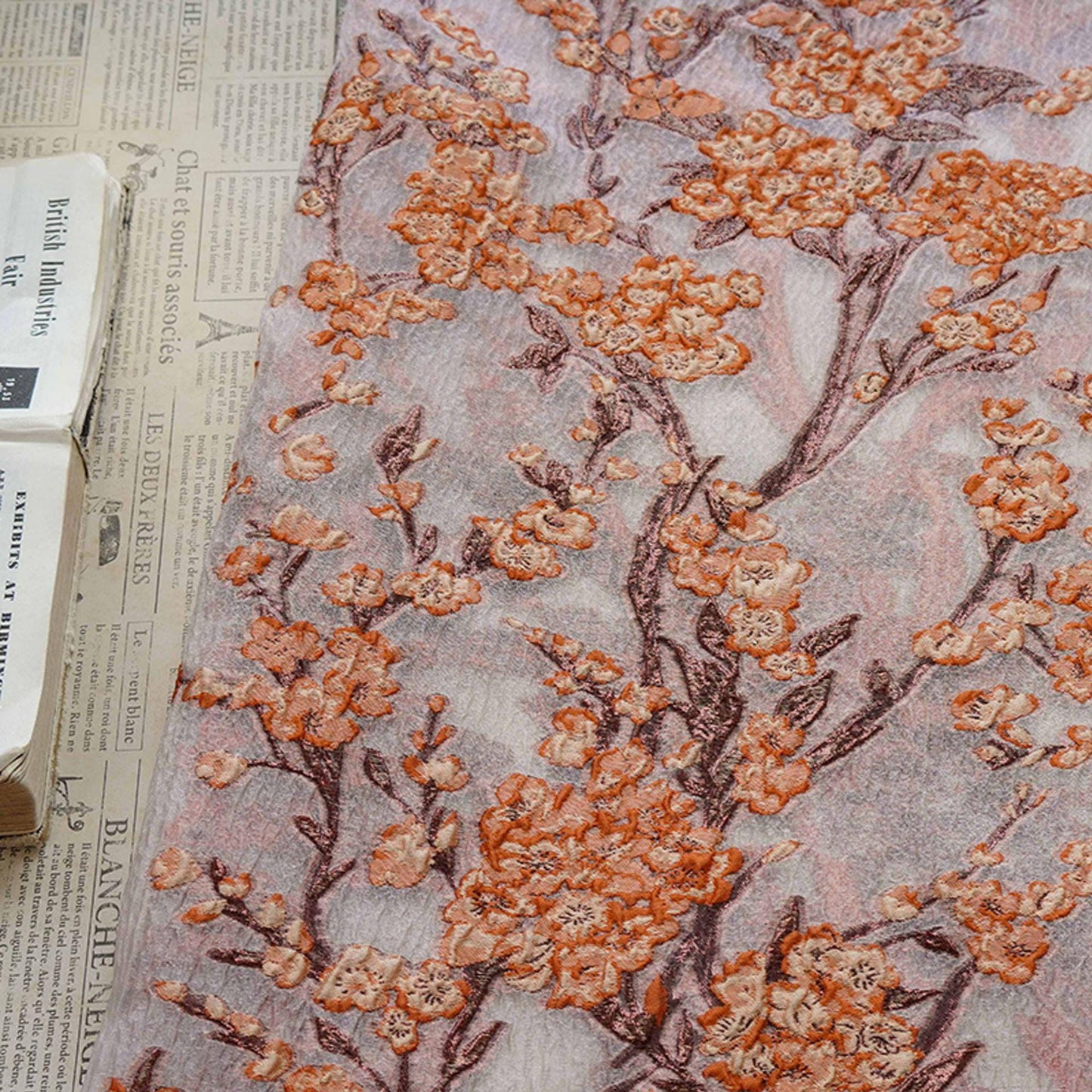 Plum Blossom Embossed Jacquard Fabric by Yard, Semi Sheer Floral Textile, Spring Summer Designer Fabric for Dresses Shawls, 55"Wide