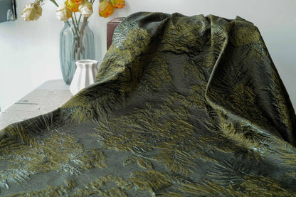 Moss Green Palm Leaf Jacquard Fabric by Yard, Vintage Embossed Botanical Textile, Luxury Draped Fabric for Fashion Decor, 55" Wide