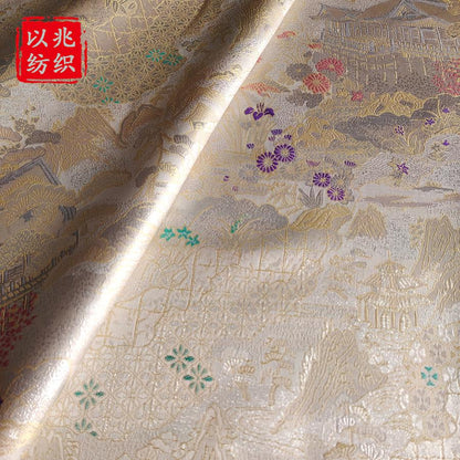 Luxury Chinese Pavilion Brocade Fabric, Oriental Jacquard Satin with Traditional Architecture Motif for Hanfu Home Decor, 57"Wide - Poppylollipop