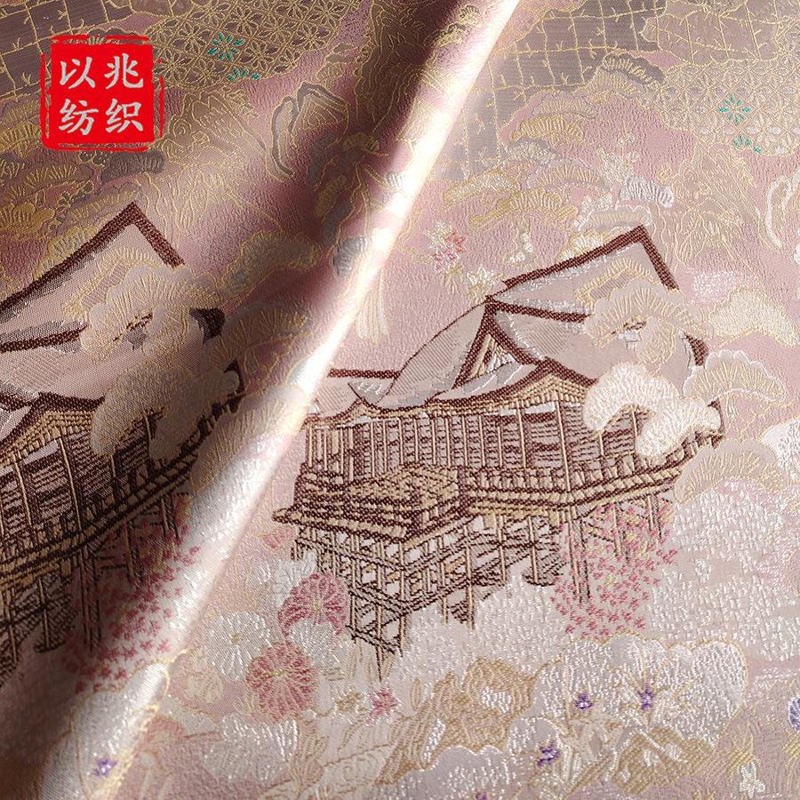 Luxury Chinese Pavilion Brocade Fabric, Oriental Jacquard Satin with Traditional Architecture Motif for Hanfu Home Decor, 57"Wide - Poppylollipop