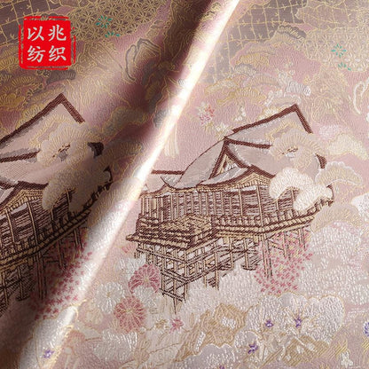 Luxury Chinese Pavilion Brocade Fabric, Oriental Jacquard Satin with Traditional Architecture Motif for Hanfu Home Decor, 57"Wide - Poppylollipop