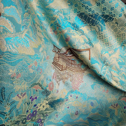 Luxury Chinese Pavilion Brocade Fabric, Oriental Jacquard Satin with Traditional Architecture Motif for Hanfu Home Decor, 57"Wide - Poppylollipop