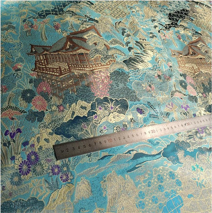 Luxury Chinese Pavilion Brocade Fabric, Oriental Jacquard Satin with Traditional Architecture Motif for Hanfu Home Decor, 57"Wide - Poppylollipop
