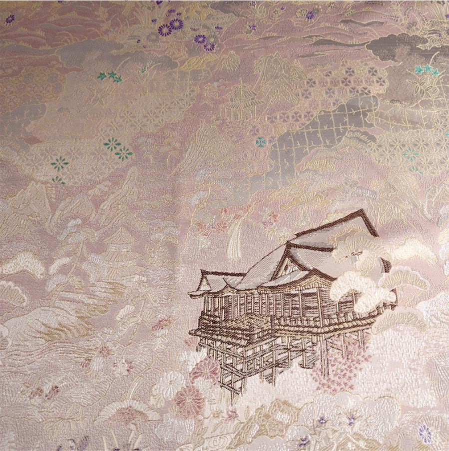 Luxury Chinese Pavilion Brocade Fabric, Oriental Jacquard Satin with Traditional Architecture Motif for Hanfu Home Decor, 57"Wide - Poppylollipop
