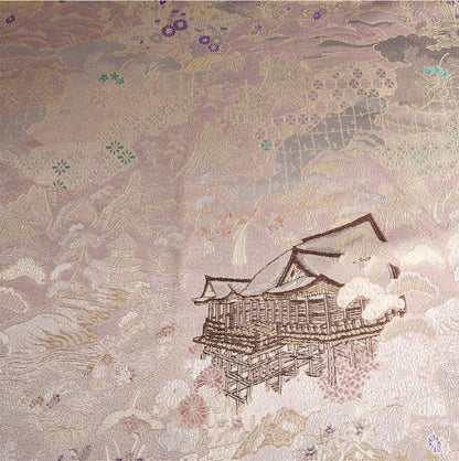 Luxury Chinese Pavilion Brocade Fabric, Oriental Jacquard Satin with Traditional Architecture Motif for Hanfu Home Decor, 57"Wide - Poppylollipop