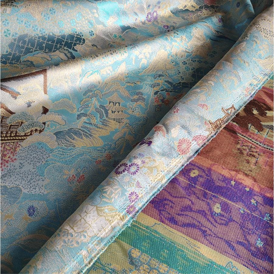 Luxury Chinese Pavilion Brocade Fabric, Oriental Jacquard Satin with Traditional Architecture Motif for Hanfu Home Decor, 57"Wide - Poppylollipop