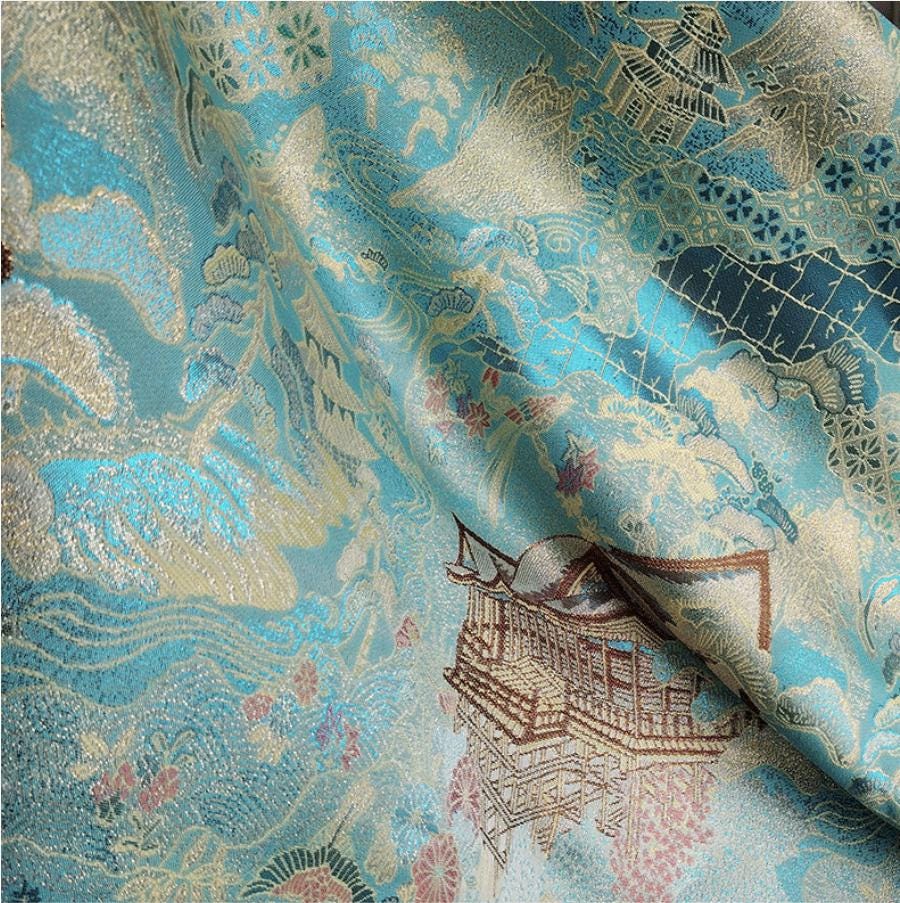 Luxury Chinese Pavilion Brocade Fabric, Oriental Jacquard Satin with Traditional Architecture Motif for Hanfu Home Decor, 57"Wide - Poppylollipop