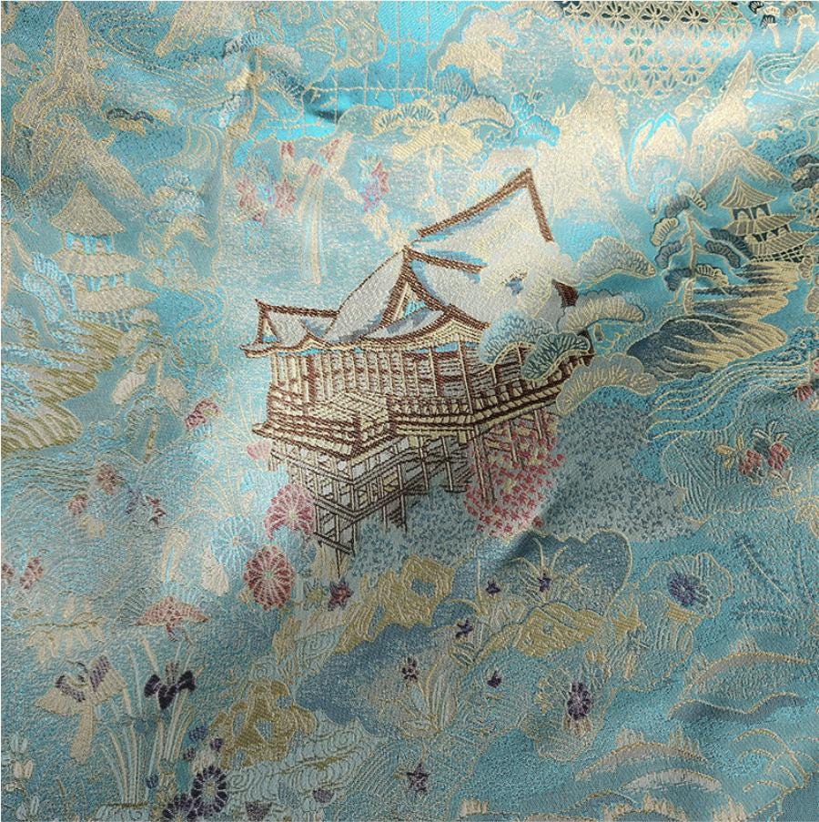 Luxury Chinese Pavilion Brocade Fabric, Oriental Jacquard Satin with Traditional Architecture Motif for Hanfu Home Decor, 57"Wide - Poppylollipop
