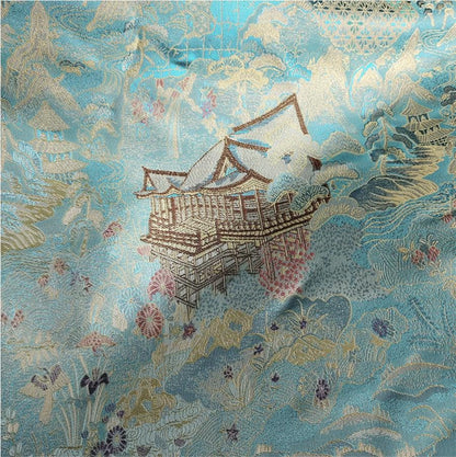 Luxury Chinese Pavilion Brocade Fabric, Oriental Jacquard Satin with Traditional Architecture Motif for Hanfu Home Decor, 57"Wide - Poppylollipop