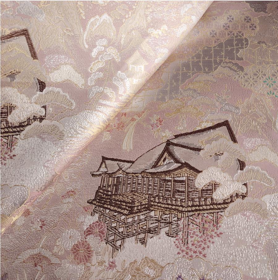 Luxury Chinese Pavilion Brocade Fabric, Oriental Jacquard Satin with Traditional Architecture Motif for Hanfu Home Decor, 57"Wide - Poppylollipop