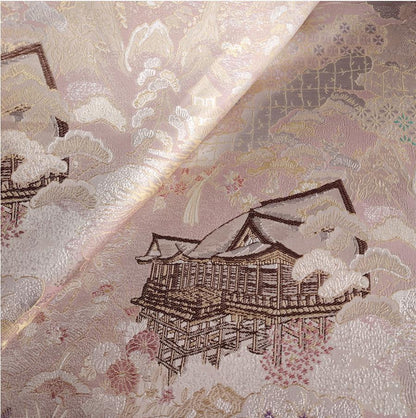 Luxury Chinese Pavilion Brocade Fabric, Oriental Jacquard Satin with Traditional Architecture Motif for Hanfu Home Decor, 57"Wide - Poppylollipop