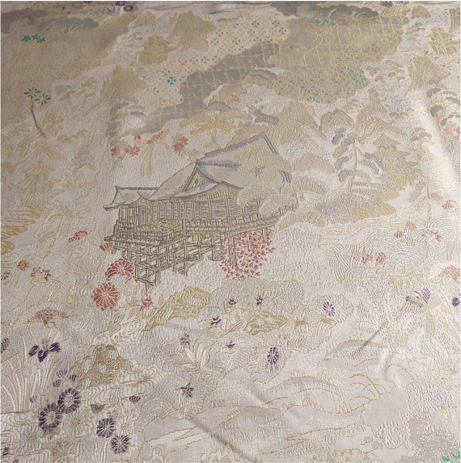 Luxury Chinese Pavilion Brocade Fabric, Oriental Jacquard Satin with Traditional Architecture Motif for Hanfu Home Decor, 57"Wide - Poppylollipop