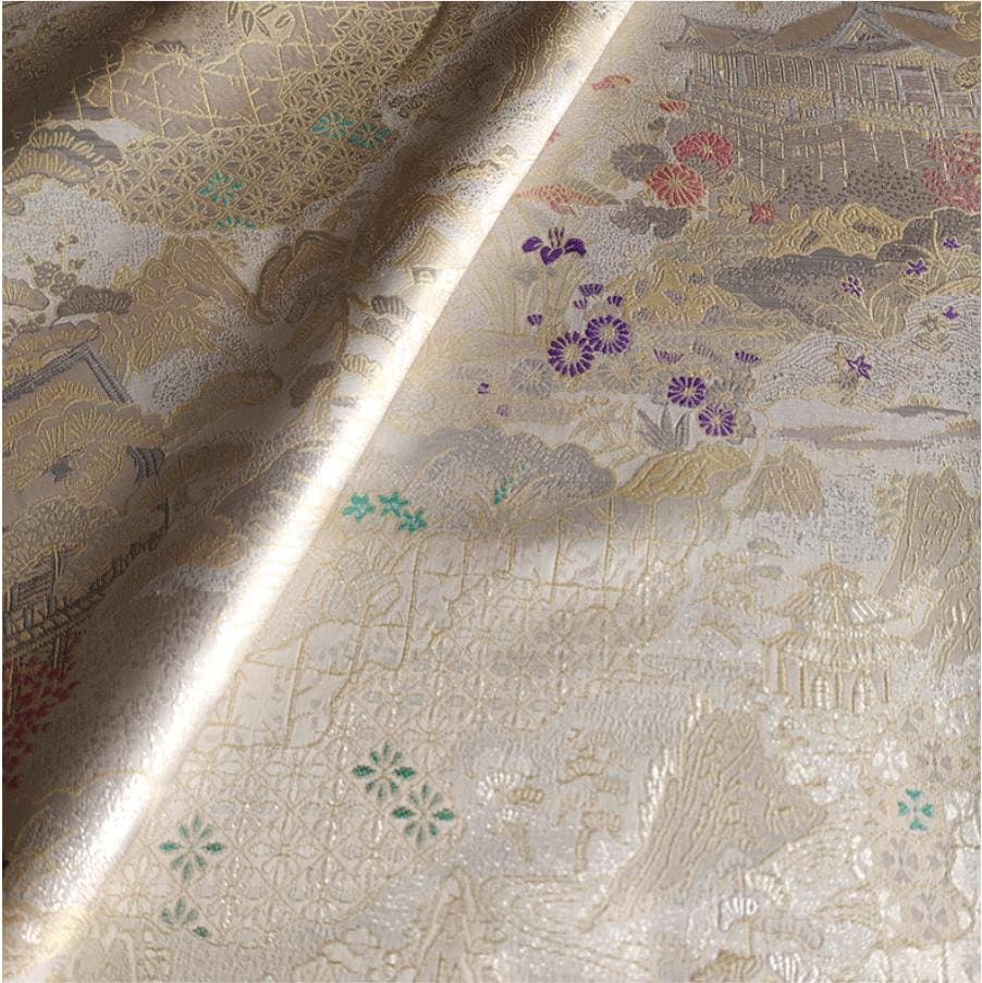 Luxury Chinese Pavilion Brocade Fabric, Oriental Jacquard Satin with Traditional Architecture Motif for Hanfu Home Decor, 57"Wide - Poppylollipop