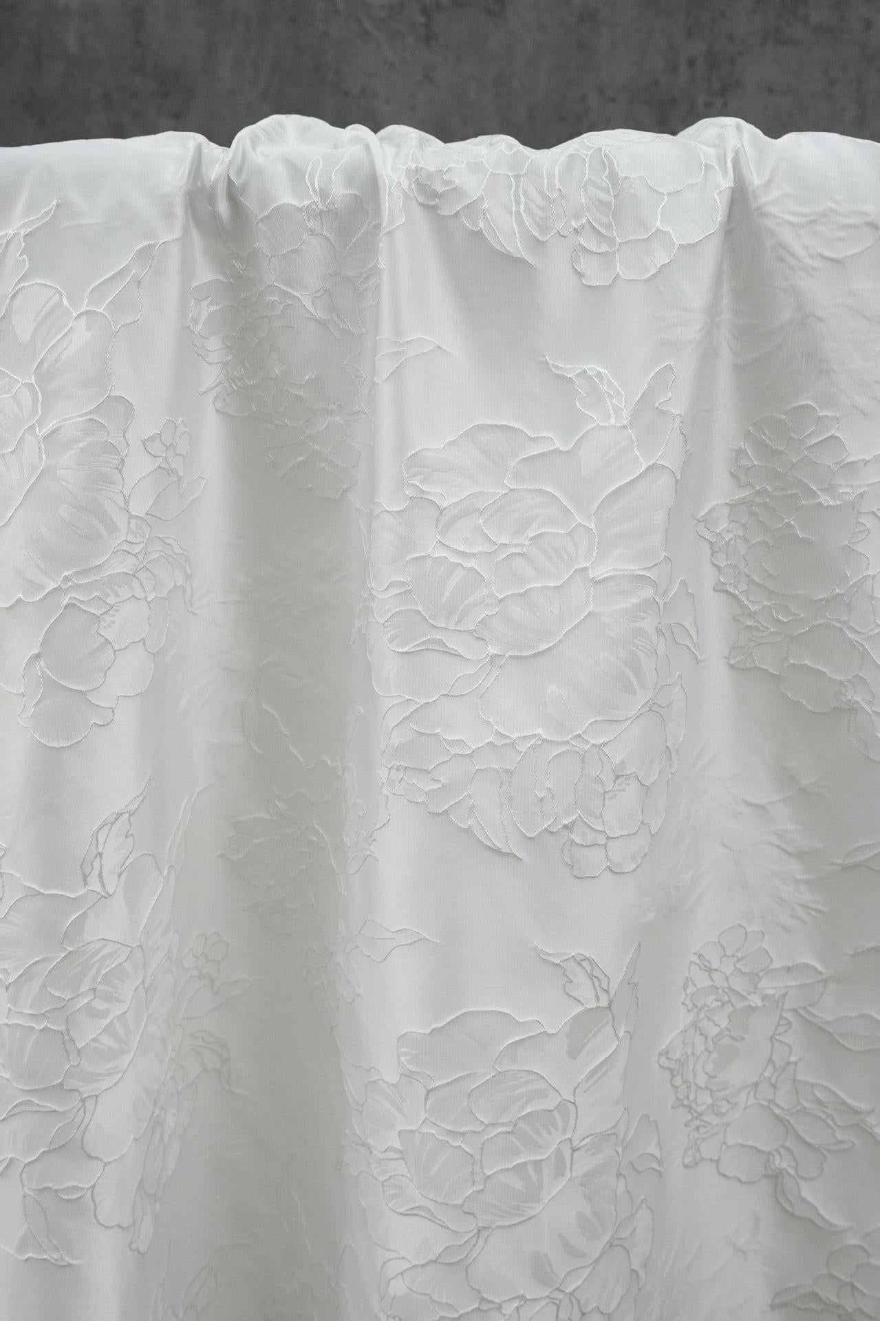 White Peony Jacquard Fabric by Yard, Embossed Floral Suiting Textile, Elegant Chinese Dress Fabric for Blazers Shirts Decor, 58"Wide