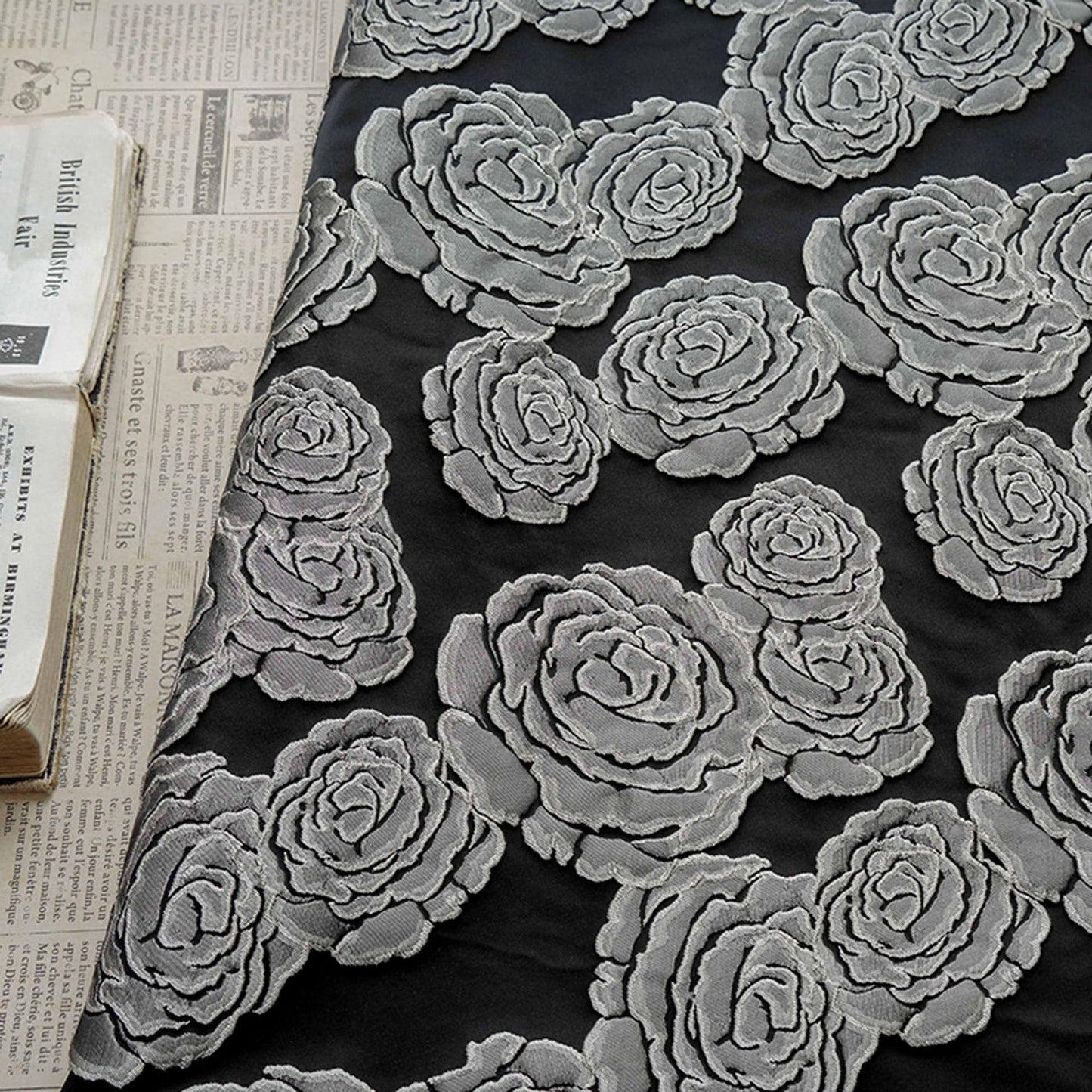 Vintage Black Rose Jacquard Fabric by Yard, Embossed Floral Brocade Textile, Luxury Couture Fabric for Dresses Decor, 53"Wide