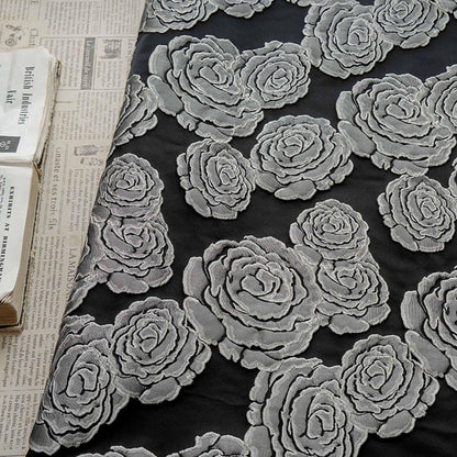 Vintage Black Rose Jacquard Fabric by Yard, Embossed Floral Brocade Textile, Luxury Couture Fabric for Dresses Decor, 53"Wide