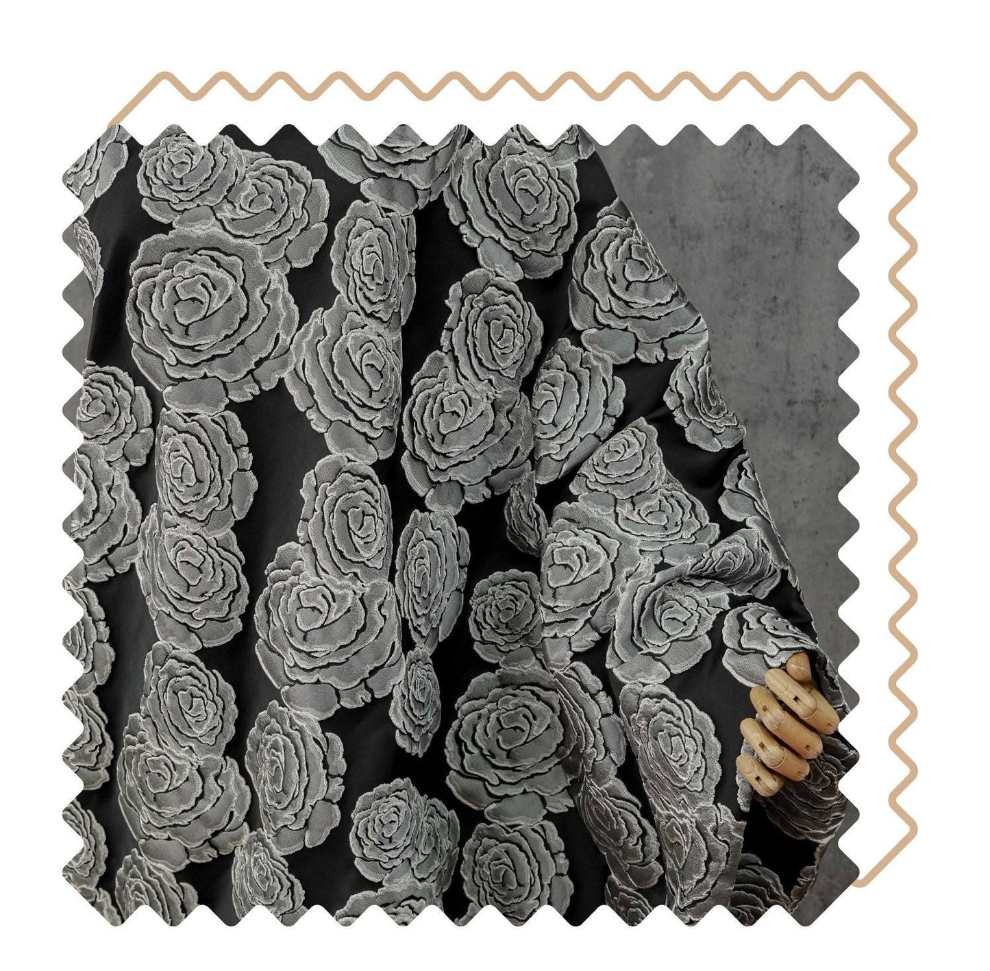Vintage Black Rose Jacquard Fabric by Yard, Embossed Floral Brocade Textile, Luxury Couture Fabric for Dresses Decor, 53"Wide