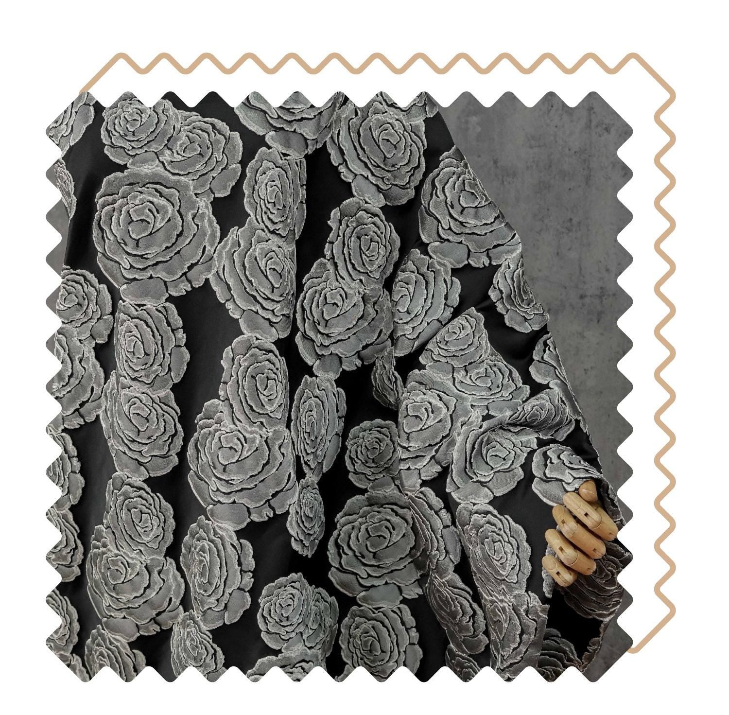 Vintage Black Rose Jacquard Fabric by Yard, Embossed Floral Brocade Textile, Luxury Couture Fabric for Dresses Decor, 53"Wide